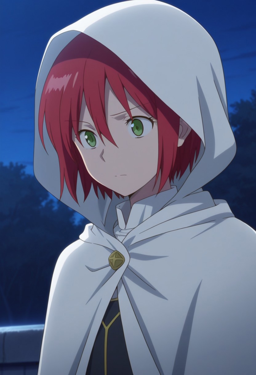 masterpiece,best quality,amazing quality, source_anime, 
shirayuki, 1girl, solo, green eyes, red hair, short hair, cape, white cape, hood, up, outdoor, night