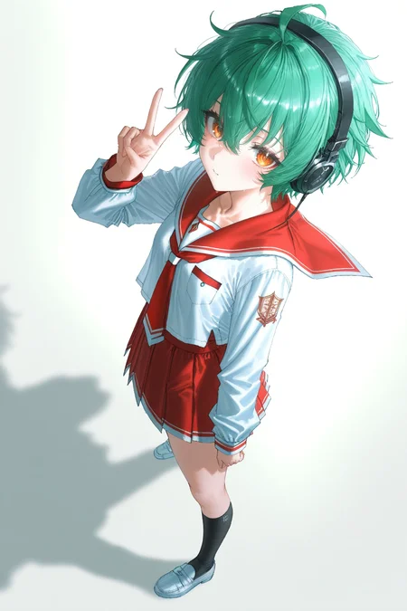 1girl, (reki, reki \(hidan no aria\), yellow eyes, orange eyes, green hair, short hair, headphones), (school uniform, serafuku, white shirt, long sleeves, red sailor collar, necktie, red necktie, red skirt, pleated skirt, black socks), (expressionless), (standing, V sign, peace sign, looking at viewer), simple background, white background, cute, pretty, ailasagna, masterpiece, best quality, high quality, highly detailed, good quality, newest