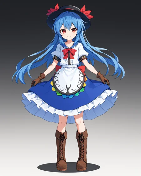 hinanawi tenshi,1girl, solo, black_headwear, boots, white_background, hat, skirt, fingerless_gloves, simple_background, smile, full_body, brown_footwear, white_shirt, alternate_hair_length, short_hair_with_long_locks, looking_at_viewer, sidelocks, blouse, ahoge, red_bow, puffy_short_sleeves, standing, brown_gloves, closed_mouth, center_frills
<lora:hinanawi_tenshi_image10043_2023-12-20:1>,star-shaped_pupils,symbol-shaped_pupils,. gorgeous,key visual, vibrant, studio anime,award-winning, professional, highly detailed,high budget, cinemascope