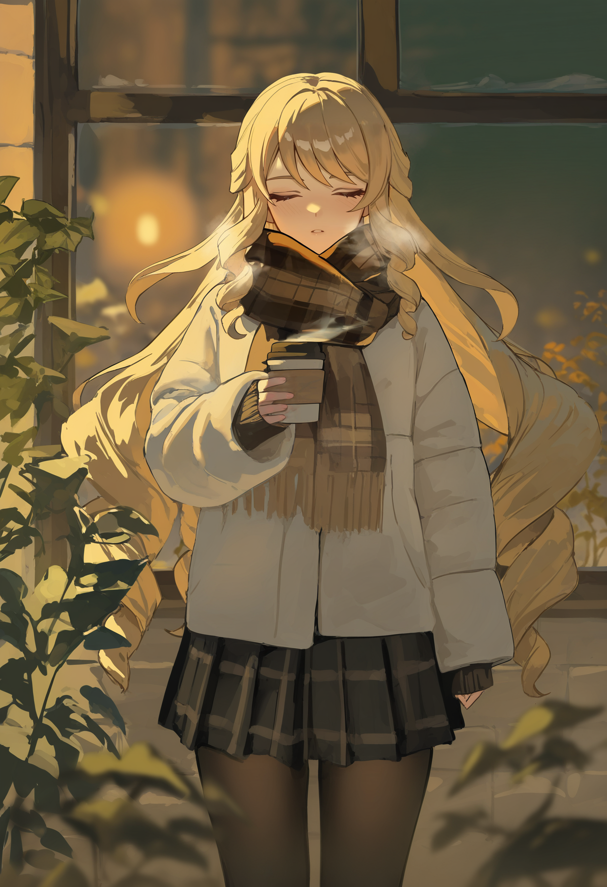 r4styl444, masterpiece, best quality, newest, absurdres, highres, 1girl, navia \(genshin impact\), fog, blurry, disposable coffee cup, coffee, cafe, green plant, brick, window, looking to the side, expressionless, parted lips, alternate costume, white jacket, winter coat, brown scarf, plaid scarf, sleeves past wrists, black skirt, pantyhose, steam, dim lighting, sunset, pleated skirt, plaid skirt, standing, straight-on, (close-up:1.2), closed eyes,
<lora:artist_rafaelaaa_vpred:1>