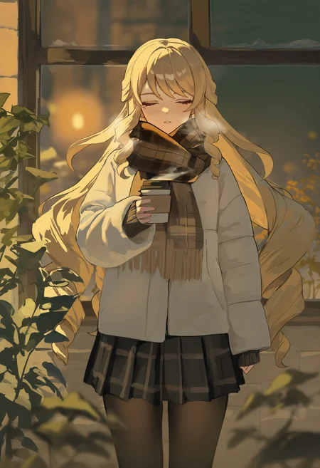 r4styl444, masterpiece, best quality, newest, absurdres, highres, 1girl, navia \(genshin impact\), fog, blurry, disposable coffee cup, coffee, cafe, green plant, brick, window, looking to the side, expressionless, parted lips, alternate costume, white jacket, winter coat, brown scarf, plaid scarf, sleeves past wrists, black skirt, pantyhose, steam, dim lighting, sunset, pleated skirt, plaid skirt, standing, straight-on, (close-up:1.2), closed eyes,
<lora:artist_rafaelaaa_vpred:1>