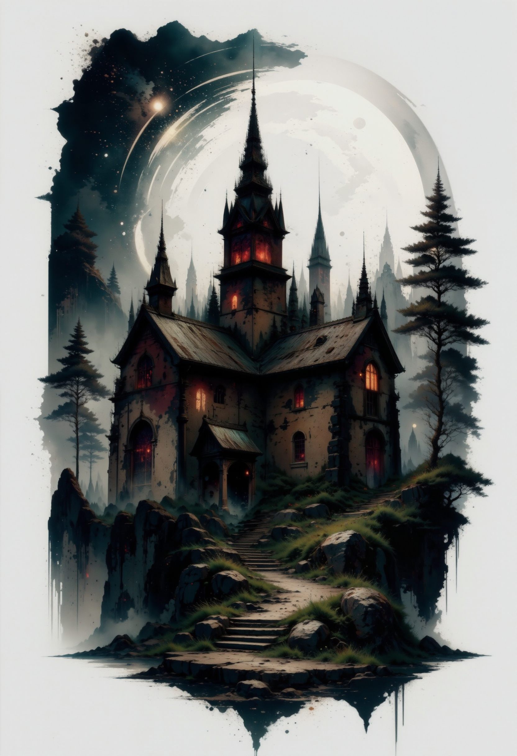 dark anime,A breathtakingly detailed illustration of a Gothic-style, dilapidated church, set against a foreboding backdrop of a cloudy sky with a new moon, its soft, silvery light casting an eerie glow on the ancient stone walls, overgrown with ivy and moss, with intricate stone carvings and gargoyles adorning the structure, amidst a subtle mist that adds to the mystical ambiance, rendered in the finest, ultra-high resolution, with meticulous attention to texture, shading, and atmospheric lighting, evoking a sense of mystical wonder and haunting beauty.. <lora:darksuchi:1> <lora:aidmaInkStyle:1> <lora:Glitchcore_Flux:1>