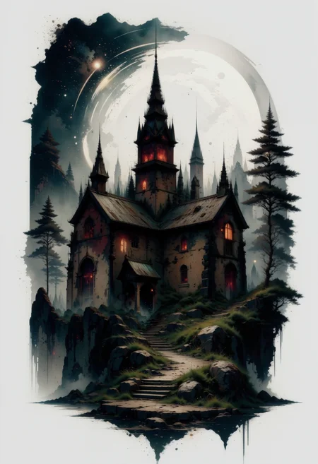 dark anime,A breathtakingly detailed illustration of a Gothic-style, dilapidated church, set against a foreboding backdrop of a cloudy sky with a new moon, its soft, silvery light casting an eerie glow on the ancient stone walls, overgrown with ivy and moss, with intricate stone carvings and gargoyles adorning the structure, amidst a subtle mist that adds to the mystical ambiance, rendered in the finest, ultra-high resolution, with meticulous attention to texture, shading, and atmospheric lighting, evoking a sense of mystical wonder and haunting beauty.. <lora:darksuchi:1> <lora:aidmaInkStyle:1> <lora:Glitchcore_Flux:1>