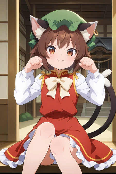 absurdres, highres, masterpiece, best quality, amazing quality, official anime artwork, screencap, anime screencap, looking at viewer, :3, fang, sitting, hakurei shrine, indoors,
<lora:Chen_Illustrious:1> chen, 1girl, solo, brown hair, short hair, brown eyes, cat tail, two tails, cat ears,, mob cap, green hat, single earring, red dress, dynamic pose, cat pose, hands up, necoarc,