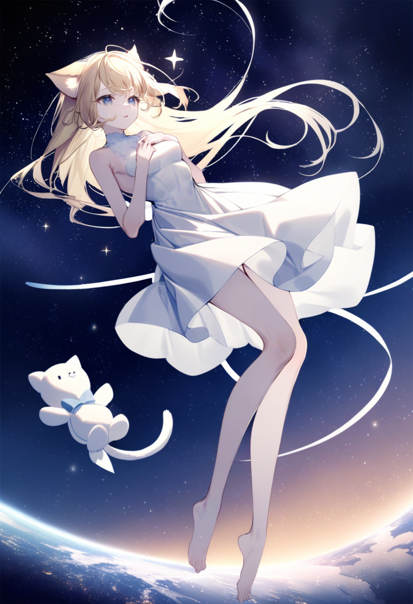 masterpiece, best quality, <lora:yoggiXL_ANI31_lokr_V43P1:0.95>  1girl, dress, solo, star \(sky\), long hair, white dress, space, stuffed animal, stuffed toy, animal ears, barefoot, breasts, blue eyes, planet, starry sky, blonde hair, sky, tail, teddy bear, hand on own chest, bare shoulders, full body, bare arms, floating, sparkle, strapless, strapless dress, sleeveless, bare legs, very long hair, medium breasts, sleeveless dress, virtual youtuber, cat ears, parted lips, floating hair, star \(symbol\), outstretched arm