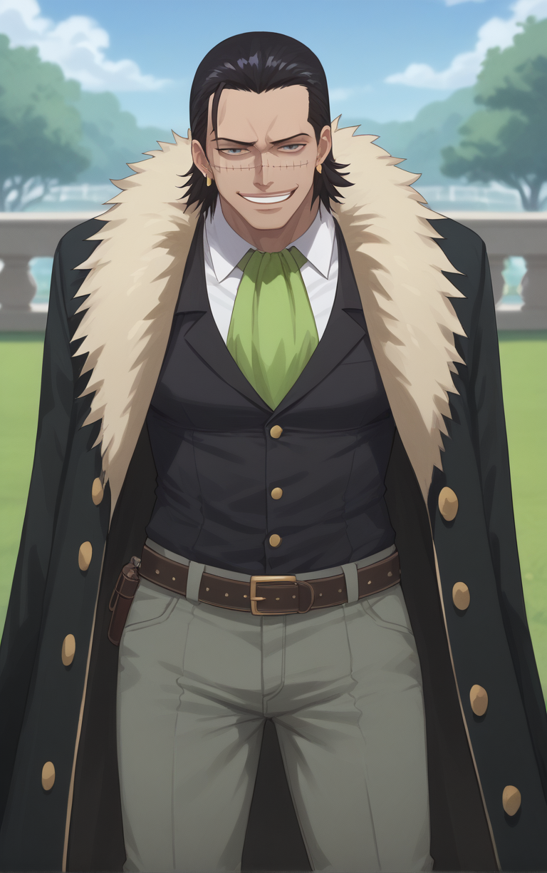 score_9, score_8_up, score_7_up, looking at viewer,  BREAK
MarineFord_Crocodile_ownwaifu, 
1boy, black eyes, black hair, hair slicked back, hook, male focus, scar on face, single earring, smoking, scar, jewelry, earrings, smile, stitches, teeth, short hair, long hair, cigarette, evil smile, 
black coat, black shirt, cigar, fur trim, green ascot, grey pants, fur coat, ascot, belt, pants, coat, coat on shoulders, shirt, cape, fur-trimmed coat, long sleeves, vest
(leaning forward, arms behind back), cowboy shot, garden, wisteria, outdoors, <lora:PONYXL_Pre_ONEPIECE_Crocodile_ownwaifu:0.85> , depth of field, solo, Interesting Image, Captivating Image,