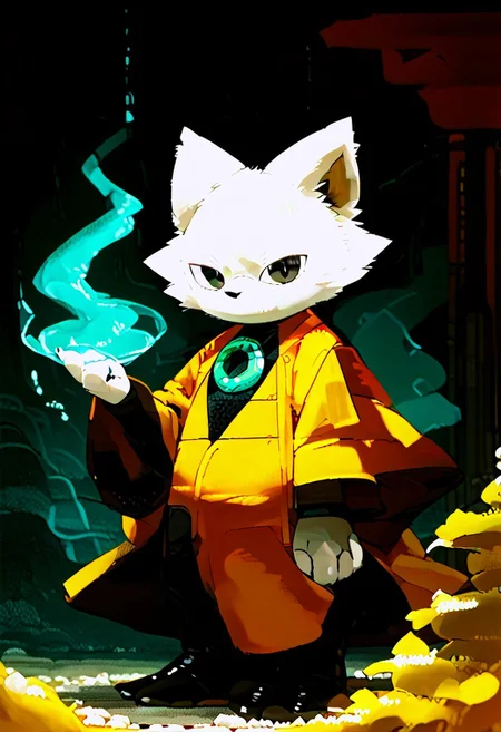 zuppu11, full body, solo, furry, score_9, score_8_up, look at viewer, male focus, no humans, furry male, flux-style, detailed eyes, yi, yellow coat, coat long sleeves, wide sleeves, robe, haori, body suit, white fur, green ring on chest, animal ears, furry, furry male, black eyes, body fur, no mouths, fangs