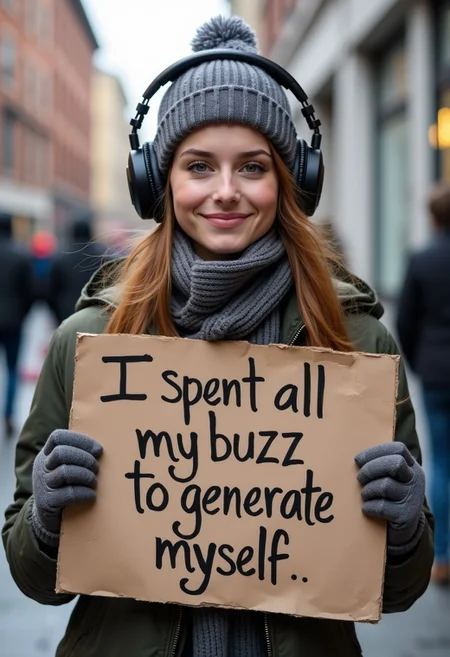 Beatiful 25 years old girl girl with winter hat and headphones, outside in buffalo, keeping a cardboard sign with written the following text with a marker "I spent all my buzz to generate myself"
