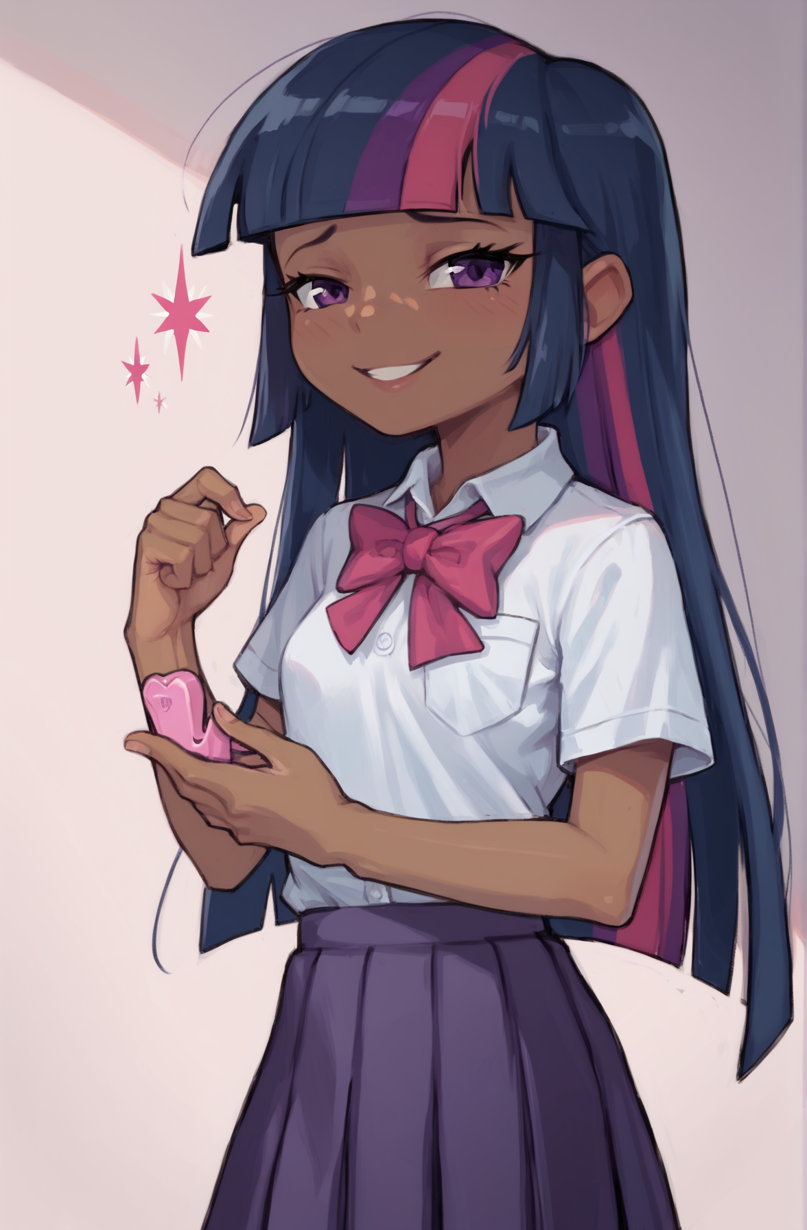 masterpiece, high quality, score_9, score_8_up, 1girl, solo, handfixer, good hands, yepmelon, twilight sparkle, brown skin, school uniform,     <lora:HandFixer_pdxl_Incrs_v1:0.5>,<lora:ALTXL_pony_0061_8:1>,<lora:Pony_QualityV4.0:1>,<lora:Yep_Melon_Style:1>
