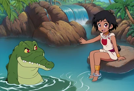 Tick tock crocodile,male animal focus,tail, crocodile , crocodile mouth open,smile ,green skin, blue eyes, Tick Tock the crocodile is giant and very huge size,teeth, crocodile swimming and submerged in the water,Tick Tock the crocodile looking Choi_mochimazzi,Choi_mochimazzi an anime girl, 1girl, looking at viewer, smile, short hair, Choi_mochimazzi sitting down on the crocodile belly,Choi_mochimazzi IS her very little size. Base - choim, short hair, black hair, red eyes, dark-skinned female,purple eyes, Base Outfit - dress, jewelry, dark skin, necklace, bracelet, wristband, neck ring, anklet, barefoot,river,palm trees, jungle, tropical _island,village, temple,Disney, waterfall,retro_anime, manga,tamako_market