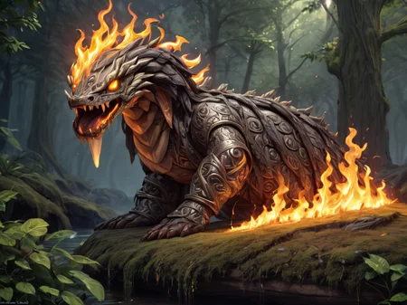 menacing adorable hell fire snake god, druidic serpent king, covered in druidic wooden armour <lora:LoromXL_Druidic_Naturalism:0.6>, luminous reflections, rtx on, subsurface scattering, dynamic hdr tone mapping, volumetric lighting, screenspace reflection, Physically-Based Rendering, Unity WÄtÄ environmental water