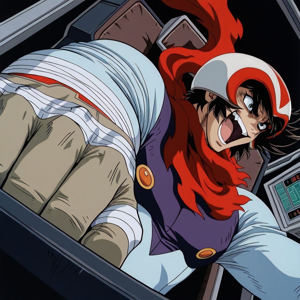 1boy,solo,<lora:IL_nagare_ryoma_Getter_Robo_Armageddon:1>,c_gett,nagare ryoma,white helmet,red scarf,pilot suit,gloves,bandages,dutch angle,cockpit,from side,crazy smile,shouting,foreshortening,intense angle,, masterpiece,best quality,amazing quality,very aesthetic,absurdres,