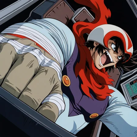 1boy,solo,<lora:IL_nagare_ryoma_Getter_Robo_Armageddon:1>,c_gett,nagare ryoma,white helmet,red scarf,pilot suit,gloves,bandages,dutch angle,cockpit,from side,crazy smile,shouting,foreshortening,intense angle,, masterpiece,best quality,amazing quality,very aesthetic,absurdres,
