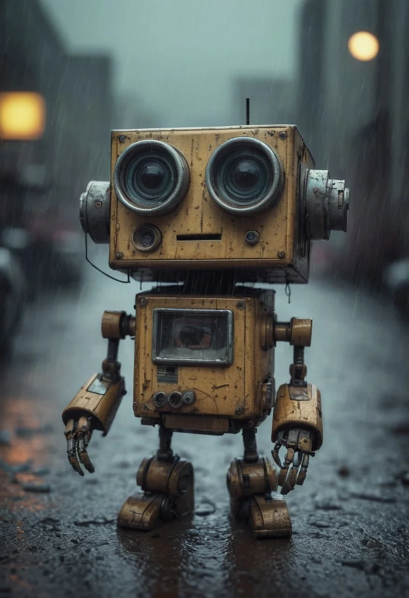 Small robot, cute robot, rectangular body, treaded wheels, compact head, expressive binocular-like eyes, sad and curious appearance, heartbreaking, cute, heavy rain, very sad, lonely, lost place, cyberpunk, desaturated, vibrant colors, dramatic lighting, desaturated background, bokeh, dark theme, soothing tones, depth of field, dramatic backlighting, film grain,