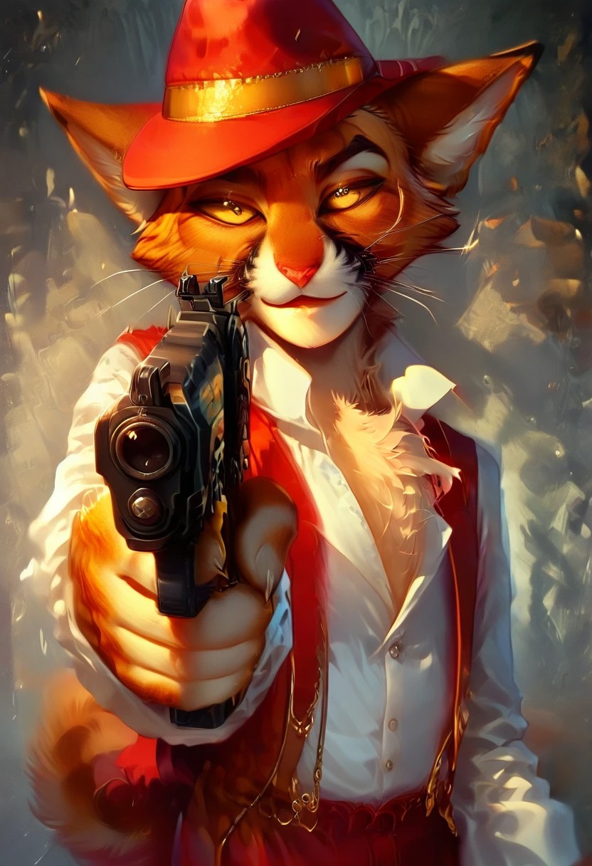 score_9, score_8_up, score_7_up, nsfw, curvy, femboy, DorianZibowski[LACKADAISY], Zib[LACKADAISY], orange fur, orange body, yellow sclera, colored sclera, black pupils, feline, animal ears, anthro, yellow markings, black markings, tail, cat tail, tabby cat, striped fur, striped, pointed ears, eyebrows, smiling, (male anthro cat:1.3), chest tuft, fluffy chest, furry, furry anthro, solo,
red pants, red hat, red fedora, suspenders, white collared shirt, white sleeves, white shirt, red vest,  smokey environment,
holding_gun , handgun, pistol, aiming gun at viewer, aiming, 
half-closed eyes, horny expression, hands, clothed, dutch angle, posing, from front, seductive pose, seductive smile, looking at viewer, standing, 
BREAK
inside, on stage, speakeasy, band, spotlight, ambient light, shadows, cinematic,