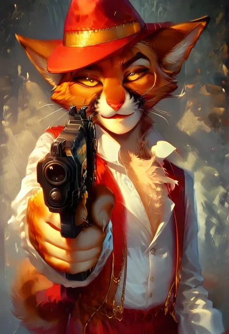 score_9, score_8_up, score_7_up, nsfw, curvy, femboy, DorianZibowski[LACKADAISY], Zib[LACKADAISY], orange fur, orange body, yellow sclera, colored sclera, black pupils, feline, animal ears, anthro, yellow markings, black markings, tail, cat tail, tabby cat, striped fur, striped, pointed ears, eyebrows, smiling, (male anthro cat:1.3), chest tuft, fluffy chest, furry, furry anthro, solo,
red pants, red hat, red fedora, suspenders, white collared shirt, white sleeves, white shirt, red vest,  smokey environment,
holding_gun , handgun, pistol, aiming gun at viewer, aiming, 
half-closed eyes, horny expression, hands, clothed, dutch angle, posing, from front, seductive pose, seductive smile, looking at viewer, standing, 
BREAK
inside, on stage, speakeasy, band, spotlight, ambient light, shadows, cinematic,