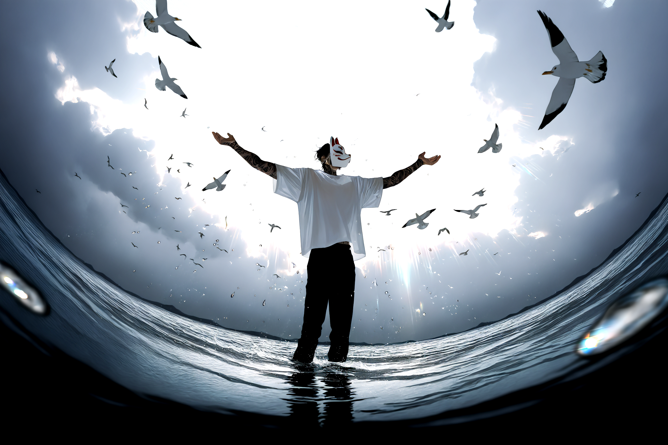 bXVrd,y1nsang,1boy,solo,mature male, short hair,mask, (fox mask:1.1),white t-shirt,black pants, full-body tattoo,standing, (arms wide apart:1.1),outdoors,(seagull:1.2),(too many birds:1.3),too many,ocean,scenery,(water drop:1.35), (droplets:1.35),sky,cloud,cloudy sky,reflective water,shadow,sunlight,light rays,lens flare,from below,(greyscale:1.1),(monochrome:1.1),(fisheye:1.15),(panorama:1.3),very awa, masterpiece, best quality, year 2024, newest, highres, absurdres,