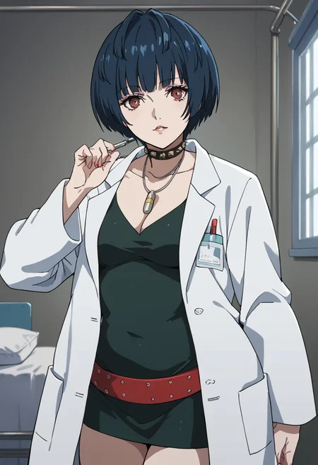 score_9, score_8_up, score_7_up, (source_anime), 1 girl, solo, cute face,
p5tae, tae takemi, short hair,
labcoat, necklace, choker, studded collar, short dress, dark green dress, cleavage, red belt,
cowboy shot,
infirmary, hospital room, looking at viewer,
masterpiece, best quality, ultra detailed, absurdres, very aesthetic