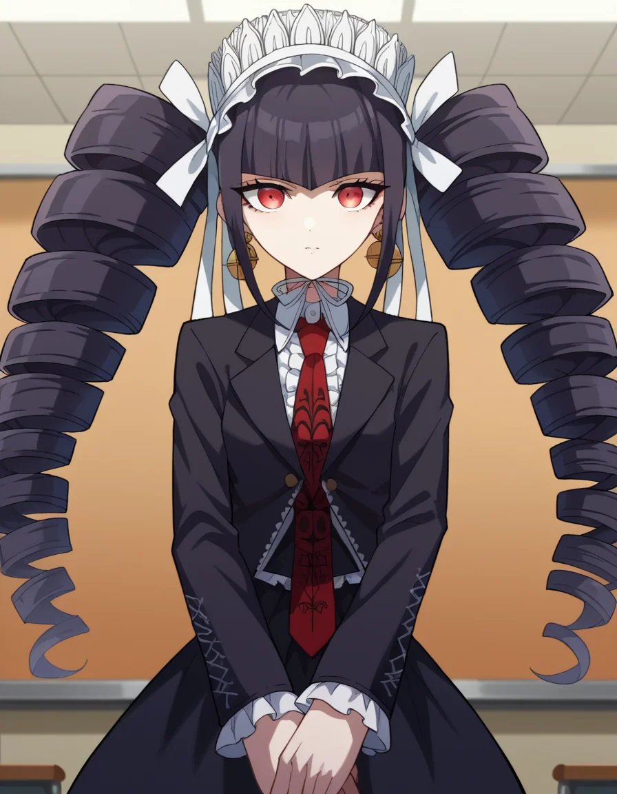 score_9, score_8_up, score_7_up, source_anime,
celestialudenberg, <lora:celestia-ludenberg-ponyxl-lora-nochekaiser:1>,
celestia ludenberg, long hair, bangs, black hair, red eyes, long sleeves, twintails, drill hair, twin drills,
skirt, shirt, black hair, long sleeves, jewelry, jacket, earrings, frills, necktie, black skirt, black jacket, red necktie, bonnet, print necktie,
indoors, classroom,
looking at viewer, cowboy shot, dutch angle,