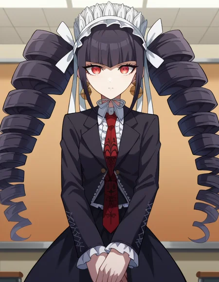 score_9, score_8_up, score_7_up, source_anime,
celestialudenberg, <lora:celestia-ludenberg-ponyxl-lora-nochekaiser:1>,
celestia ludenberg, long hair, bangs, black hair, red eyes, long sleeves, twintails, drill hair, twin drills,
skirt, shirt, black hair, long sleeves, jewelry, jacket, earrings, frills, necktie, black skirt, black jacket, red necktie, bonnet, print necktie,
indoors, classroom,
looking at viewer, cowboy shot, dutch angle,