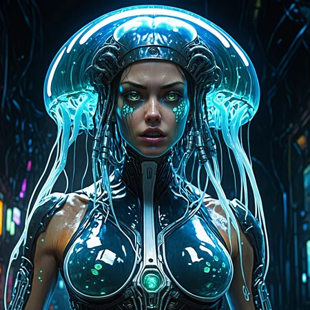 (biopunk sexy woman turning into jellyfish :1.3) with cybernetic features, cinematic, cyberpunk elements, amazing detailed, grim sci-fi, slime biomorph, organic and mechanical, natural light, beautiful, glowing iridescent eyes, dark futuristic