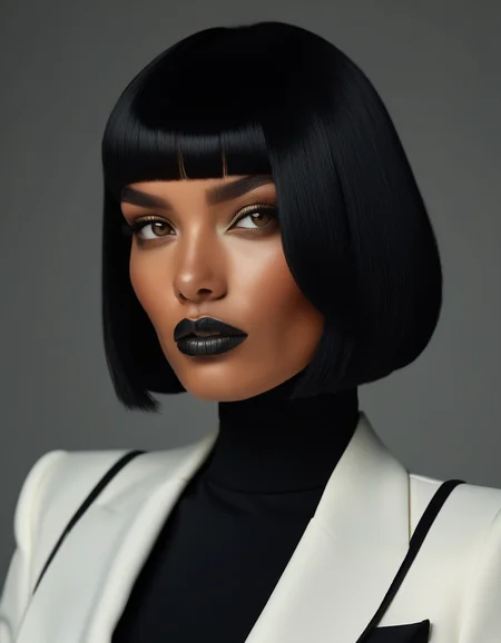 A portrait of a model with a sleek, raven-black bob, her sharp features highlighted by her intense, piercing eyes. Sheâs dressed in a tailored suit, exuding power and confidence, ready to take on any challenge that comes her way. <lora:usual-portrait-v2:1>