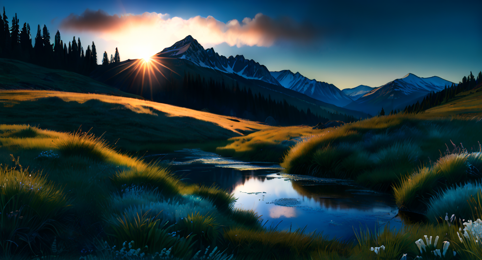 scenic alpine meadow, rolling hills, rocks, (mountain spring:1.34), mountain backdrop, panorama, intricate details, detailed landscape, flowing wind, (billowing:1.22) clouds of foggrass swaying, alpine wildflowers, colorful blooms, meadow grass, sunny, blue sky, warm light, serene, pristine, unspoiled, wild, crisp, sparkling, clear stream, distant vistas, awe-inspiring, sacred, idyllic, paradise, divine (Dawn's first rays, soft, warm, blue-tinged light, the subtle glow of frosty grass, breath visible in the cold air:1.31),Dutch Renaissance, Early Netherlandish, symbolism,  fantastical creatures, bizarre juxtapositions, immoral themes, pen and ink, 15th century art, (celestial and infernal visions:1.26), trending,  (crisp:1.36)), , dappled shadows,   ,  high realism,    (background bokeh:0.74),   <lora:sdxl\add-detail-xl.safetensors:0.9500000000000001:0.4> <lora:sdxl\incase_style_v3-1_ponyxl_ilff.safetensors:0.88:0.3> <lora:sdxl\Hyper_Realism_Pony_XL.safetensors:0.9:0.25>