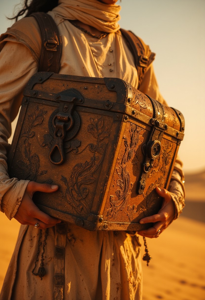 Vibrant Colorful Realistic analog photo, very detailed, hyper detailed, photorealistic, uhd, 4k, the focus of the image is on the ancient wooden chest, extreme closeup on the chest, hands gripping it firmly, Realistic analog photo, awesome, high Quality, photorealistic, atmospheric lighting, volumetric lighting, cinematic, Epic Film Quality. Capture the essence of a Bedouin warrior woman carrying this weathered chest through the unforgiving desert. Her hands, calloused and dusty, grip the handles of the intricately carved wooden chest, worn down by time and sand. The golden light of the setting sun illuminates the chest, casting intricate shadows on its surface as the desert winds whip around her. The surrounding dunes stretch far into the horizon, with a distant sandstorm beginning to rise. The focus is on the chest, a symbol of mystery and survival, as she moves through the barren, sun-scorched landscape.
