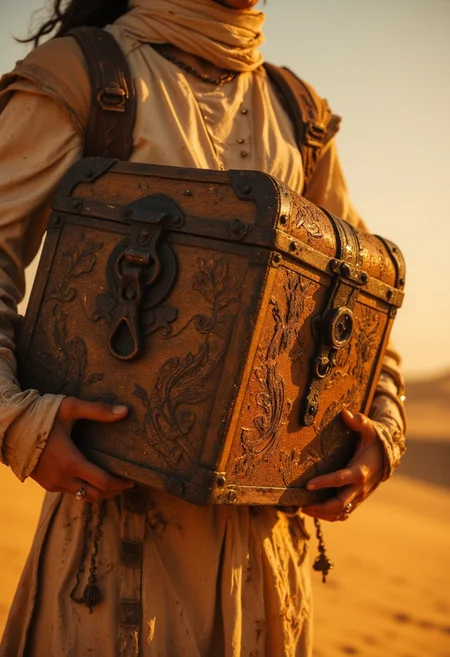 Vibrant Colorful Realistic analog photo, very detailed, hyper detailed, photorealistic, uhd, 4k, the focus of the image is on the ancient wooden chest, extreme closeup on the chest, hands gripping it firmly, Realistic analog photo, awesome, high Quality, photorealistic, atmospheric lighting, volumetric lighting, cinematic, Epic Film Quality. Capture the essence of a Bedouin warrior woman carrying this weathered chest through the unforgiving desert. Her hands, calloused and dusty, grip the handles of the intricately carved wooden chest, worn down by time and sand. The golden light of the setting sun illuminates the chest, casting intricate shadows on its surface as the desert winds whip around her. The surrounding dunes stretch far into the horizon, with a distant sandstorm beginning to rise. The focus is on the chest, a symbol of mystery and survival, as she moves through the barren, sun-scorched landscape.