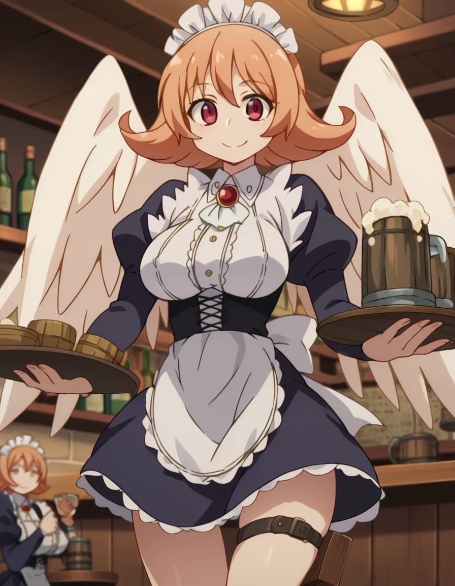 score_9, score_8_up, score_7_up, source_anime,
reviewermeidri, <lora:reviewer-meidri-ponyxl-lora-nochekaiser:1>
meidri, short hair, bangs, red eyes, orange hair, flipped hair, mature female,
long sleeves, dress, jewelry, frills, wings, puffy sleeves, apron, maid, maid headdress, thigh strap, juliet sleeves, brooch, white apron, feathered wings, maid apron, puffy long sleeves, white wings,
indoors, bar, tavern, tray, food, beer, mug, smile,
looking at viewer, dutch angle, cowboy shot,