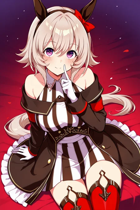 masterpiece,best quality,very aesthetic,absurdres,highres,newest,official art,official style,
1girl,solo,
crc race, curren chan (umamusume),
animal ears, bare shoulders, black coat, coat, gloves,
highres, horse ears, horse girl, horse tail, long sleeves,
off-shoulder coat, off shoulder, red legwear, short hair,
tail, white gloves, blush, ear covers, grey hair, hair between eyes,
red thighhighs, striped, thighhighs, violet eyes, black dress, boots, dress,
thigh-highs, ear ribbon, red ribbon, ribbon, white hair, black hairband,
bow, ear bow, hairband, red bow, off-shoulder dress, purple eyes,
striped clothes, striped dress, white dress, bangs, black jacket,
eyebrows visible through hair, jacket, vertical-striped dress, vertical stripes,
silver hair, collared dress, off-shoulder jacket, sleeveless, sleeveless dress,
eye_focus,<lora:eye_focus:1>,
<lora:umamusume_curren_chan_ill_v1.0:1>,