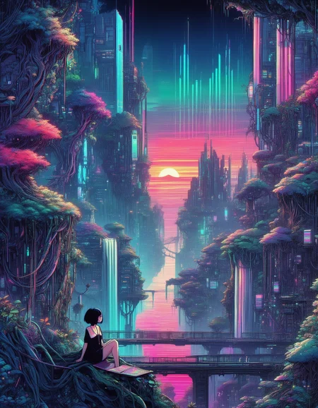 glitch art, glitches, artifacts, young woman, shorter black hair, large breasts, v-shirt, cleavage, grey headphones, necklace, cute face, large eyes, pale white skin, sitting on a roof of a tall building, overlooking a sci-fi city, gigantic futuristic buildings, overgrown, vines, gigantic trees, fantasy creatures, colorful vegetation, flooded, waterfalls, bridges, colorful neon lights, sunset, fog, moons, chromatic aberration, heavy film grain