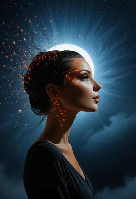 A surreal portrait of a glowing-eyed woman in profile, her head encircled by a fiery halo of nebula-like particles, glowing embers drift in dark stormy atmosphere, high-detail skin, cinematic lighting, ethereal realism, volumetric glow, moody sci-fi fantasy tone