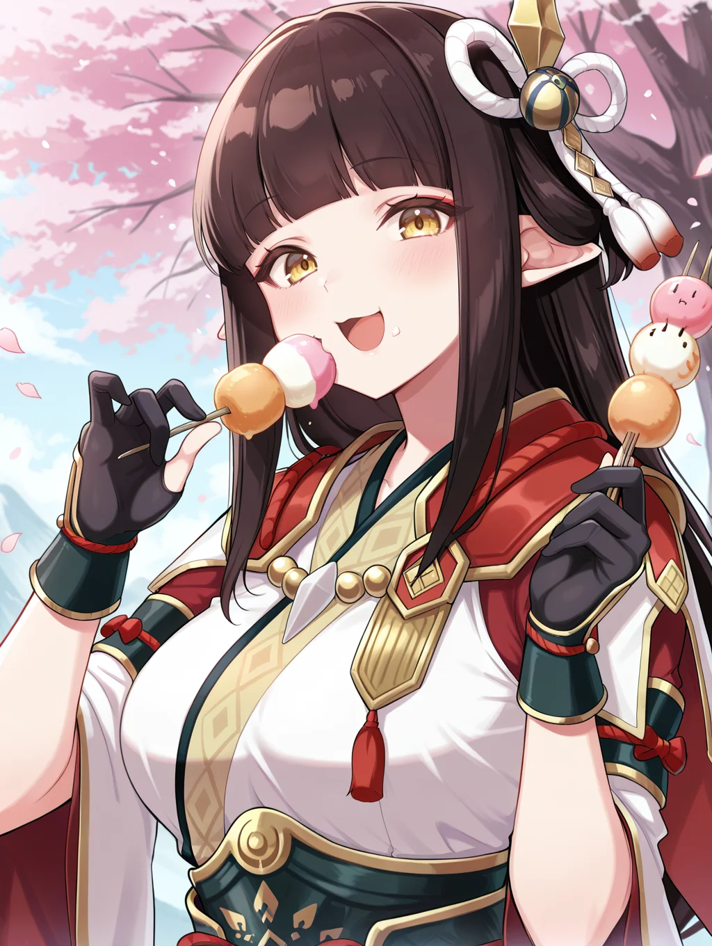 hinoa, 1girl, sanshoku dango, solo, looking at viewer, open mouth, smile, eating, side hair ornament, upper body, food on face, red eyeliner, sidelocks, holding sanshoku dango, blush, large breasts, white japanese clothes, black partially fingerless gloves, cherry blossoms, 4 finger hands,
masterpiece,best quality,amazing quality,very aesthetic,absurdres,newest,<lora:Minoto and Hinoa illuXL v1.1:0.83>,