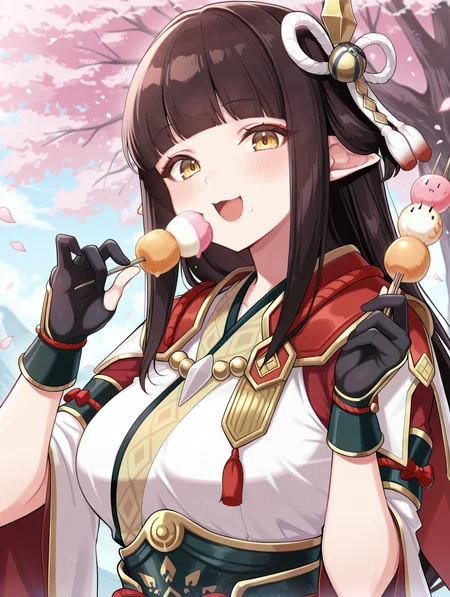 hinoa, 1girl, sanshoku dango, solo, looking at viewer, open mouth, smile, eating, side hair ornament, upper body, food on face, red eyeliner, sidelocks, holding sanshoku dango, blush, large breasts, white japanese clothes, black partially fingerless gloves, cherry blossoms, 4 finger hands,
masterpiece,best quality,amazing quality,very aesthetic,absurdres,newest,<lora:Minoto and Hinoa illuXL v1.1:0.83>,