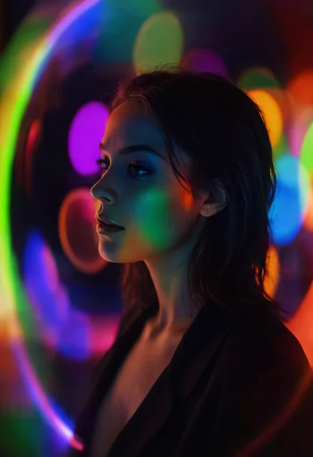 woman, circle, neon reflections, strange, colorful, beautiful, intense artificial light