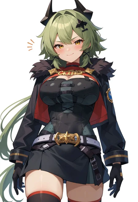 score_9,score_8_up,score_7_up,<lora:caesar_king_zzz_pdxl_goofy:1> caesarKingZzz, 1girl, long hair, solo, smile, breasts, hair ornament, white background, belt, closed mouth, thighhighs, cowboy shot, jacket, gloves, bangs, hair intakes, simple background, fur trim, black gloves, black jacket, blush, skirt, very long hair, standing, large breasts, black dress,yellow eyes,