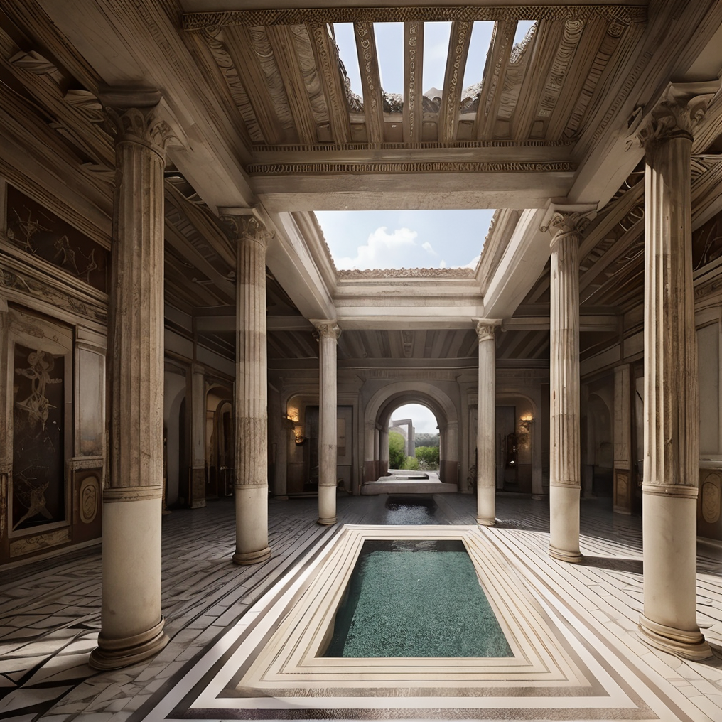 (masterpiece:1.2), (best quality,:1.2), 8k, HDR, ultra detailed, ((photorealistic)), professional light, cinematic lighting, fashion photography, ambient lighting, face lighting, <lora:detail_slider_v4:1>, Fantasy picture, OverallDetail, ancient roman room with columns and a skylight above it and a pool in the middle of the room with a blue floor, RomInt, <lora:RomanInterior-10:1>, epiCPhoto