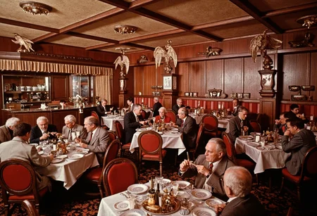 photo, a super swank restaurant with bronze eagles decorating everything, a bunch of classy old people are eating, 1985, analog, Kodachrome