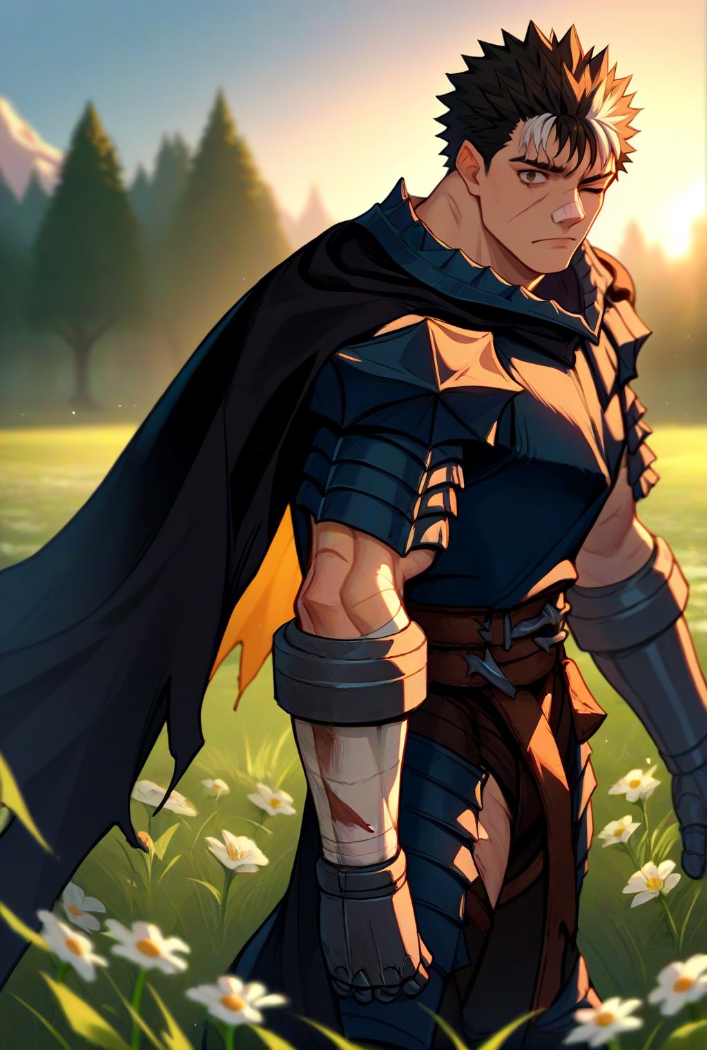 score_9, score_8_up, score_7_up, source_anime, looking at viewer, cowboy shot, 
<lora:GutsPdxlDwnsty:1>, Guts_Armor, brown eyes, short hair, multicolored hair, spiked hair, black armor, shoulder armor, gauntlets, pauldrons, greaves, bandaged arm, black cape, torn cape, scar on nose, one eye closed, muscular male, 
 medieval, grass, flower field, sunlight,
