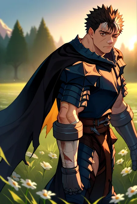 score_9, score_8_up, score_7_up, source_anime, looking at viewer, cowboy shot, 
<lora:GutsPdxlDwnsty:1>, Guts_Armor, brown eyes, short hair, multicolored hair, spiked hair, black armor, shoulder armor, gauntlets, pauldrons, greaves, bandaged arm, black cape, torn cape, scar on nose, one eye closed, muscular male, 
 medieval, grass, flower field, sunlight,