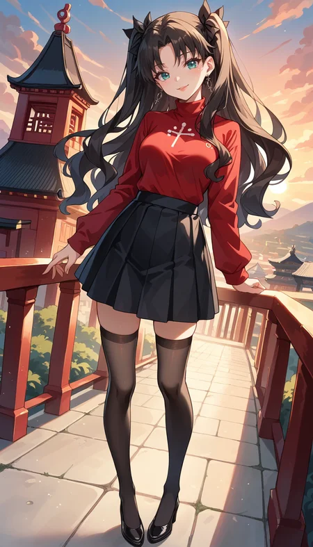 score_9, score_8_up, score_7_up, Anime Style, Full Body Shot, Rin Tohsaka, cute, seductive, innocent, light smile:0.3, plump lips, slender body, aqua eyes, long wavy black hair, twin tails tied with black ribbons, red turtleneck, black skirt, long black stockings under brown leather flats, sunset, buddhist temple background, depth of field, dynamic angle, fashion photography, sharp, hyperdetailed:1.15