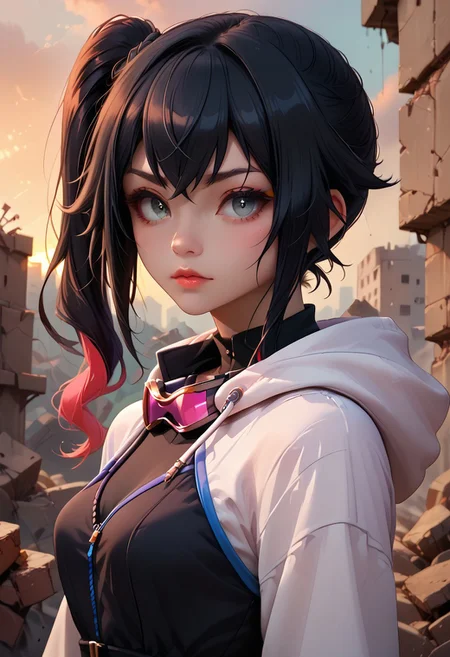 score_9, score_8_up, score_7_up, Portrait, shiki_dwno, long black hair, multicolored hair, side ponytail, gray eyes,  hood, dress, goggles around neck, sunset, rubble in the background, 4n1v3rs3, depth of field, dynamic angle, fashion photography, sharp, hyperdetailed:1.15, freebos_smoothiestyle