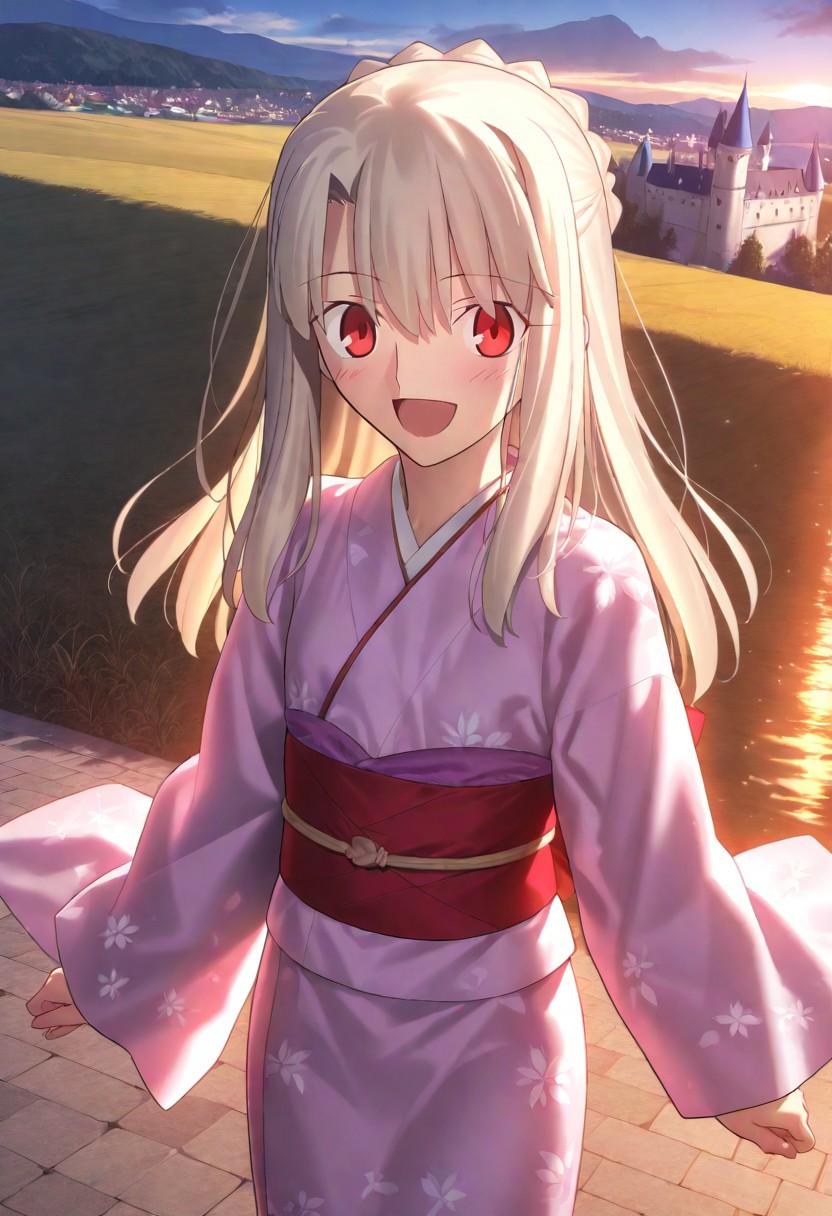 masterpiece, best quality, amazing quality, very aesthetic, absurdres, 1girl, 
Takeuchi takashi, illyasviel von einzbern, fate stay/night, red eyes, cowboy shot, happy, blush, child, castle, looking at viewer, kimono