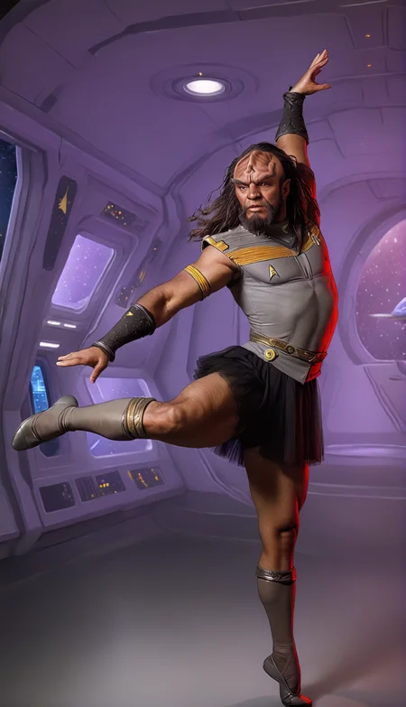 (overweight male:1.2), Klingon alien, dancing in the dark, (ballet dancer in a tutu:1.1), forehead ridges, star trek uniform, brown skin, large eyebrows, (on spaceship:1.3), (dark room:1.3), <lora:d3t41l3dXLP:0.8> d3t41l3d, <lora:add-detail-xl:.7>, (dim lighting:1.3), <lora:klingon_v1:1>, photo, dramatic lighting, <lora:Model_2:0.7> Beauty, realist,