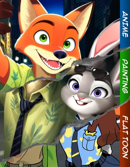 nick wilde, judy hopps, fox, rabbit, duo, anthro, male/female, sunglasses on head, aloha shirt, police uniform, half-length portrait, taking selfie, arm around shoulder, smile, happy, city, street, detailed background,