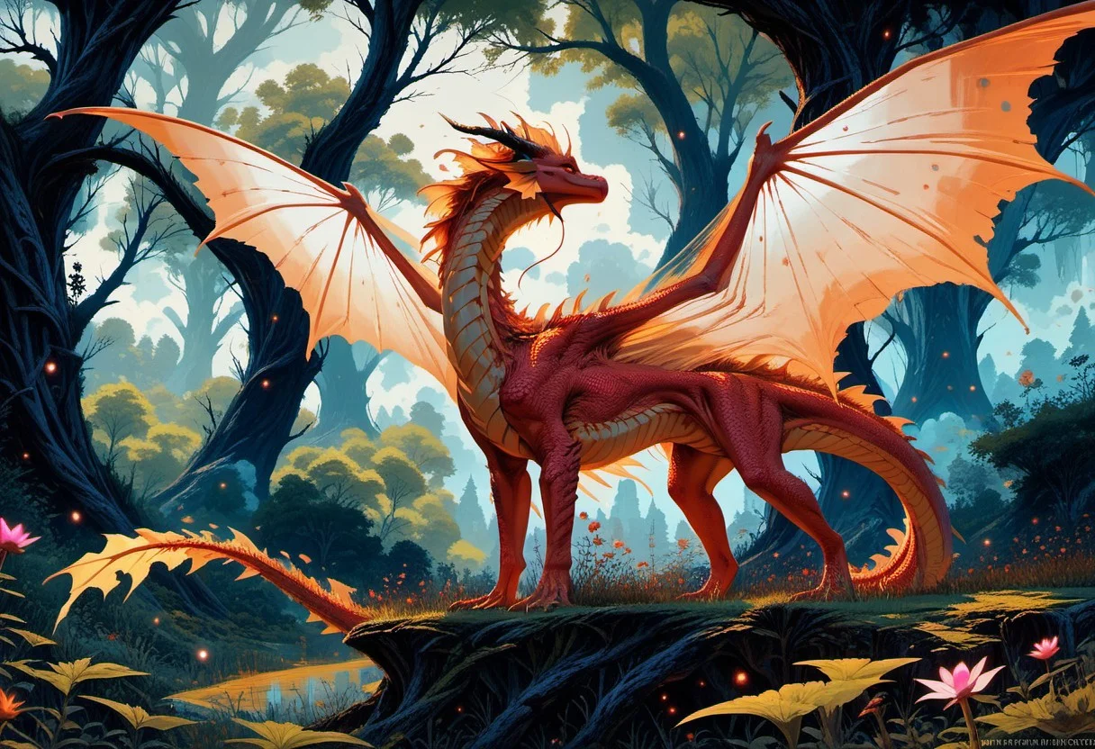 score_9, score_8_up, score_7_up, score_6_up, score_5_up, score_4_up, A mystic (((feral dragon))) with ethereal wings, ethereal, vivid colours, lush, dreamlike, detailed and vibrant, full scene composition, good anatomy, beautiful eyes, mystical, elegant, beautiful, high res, translucent wings