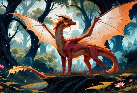 score_9, score_8_up, score_7_up, score_6_up, score_5_up, score_4_up, A mystic (((feral dragon))) with ethereal wings,  ethereal, vivid colours, lush, dreamlike, detailed and vibrant, full scene composition, good anatomy, beautiful eyes, mystical, elegant, beautiful, high res,  translucent wings