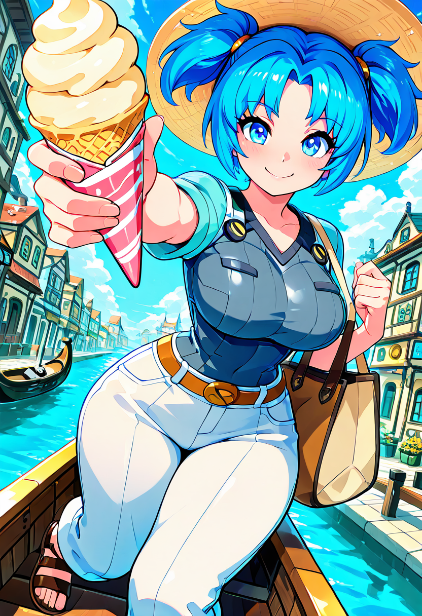 masterpiece, best quality, solo, curvy, beautiful eyes, narrow waist, wide hips, 1girl, solo, smile, looking at viewer, dynamic angle, foreshortening, close up,    zzVela, blue eyes, blue hair, short hair, twintails, short twintails, <lora:VelaJetforce_IXL:0.8>,[Venetian Canals], elegant striped boatneck top, white linen trousers with a relaxed fit, leather sandals, large tote bag with nautical accents, wide-brimmed sun hat with ribbon, clutching a gelato cone, gondola ride through the canals with colorful buildings and arched bridges, sun reflecting off the water,