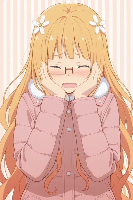 masterpiece, best quality, amazing quality,
 <lora:Mitsuki_IL:1> mitsuki, 1girl, long hair, solo, glasses, flower, hair ornament, hair flower, closed eyes, open mouth, blush, blonde hair, coat, striped background, hands on own face